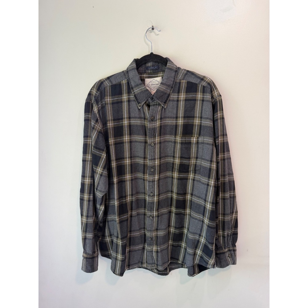 St Johns Bay Legacy Flannel Shirt XL Grey Green Plaid Classic Fit Button Down